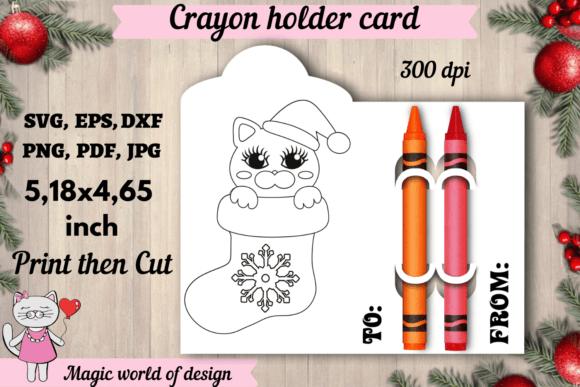 Cat in Santa's Sock Coloring Card Holder