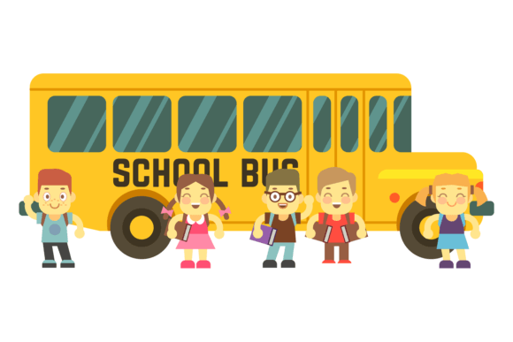 School Bus with Happy Kids Standing. Yel